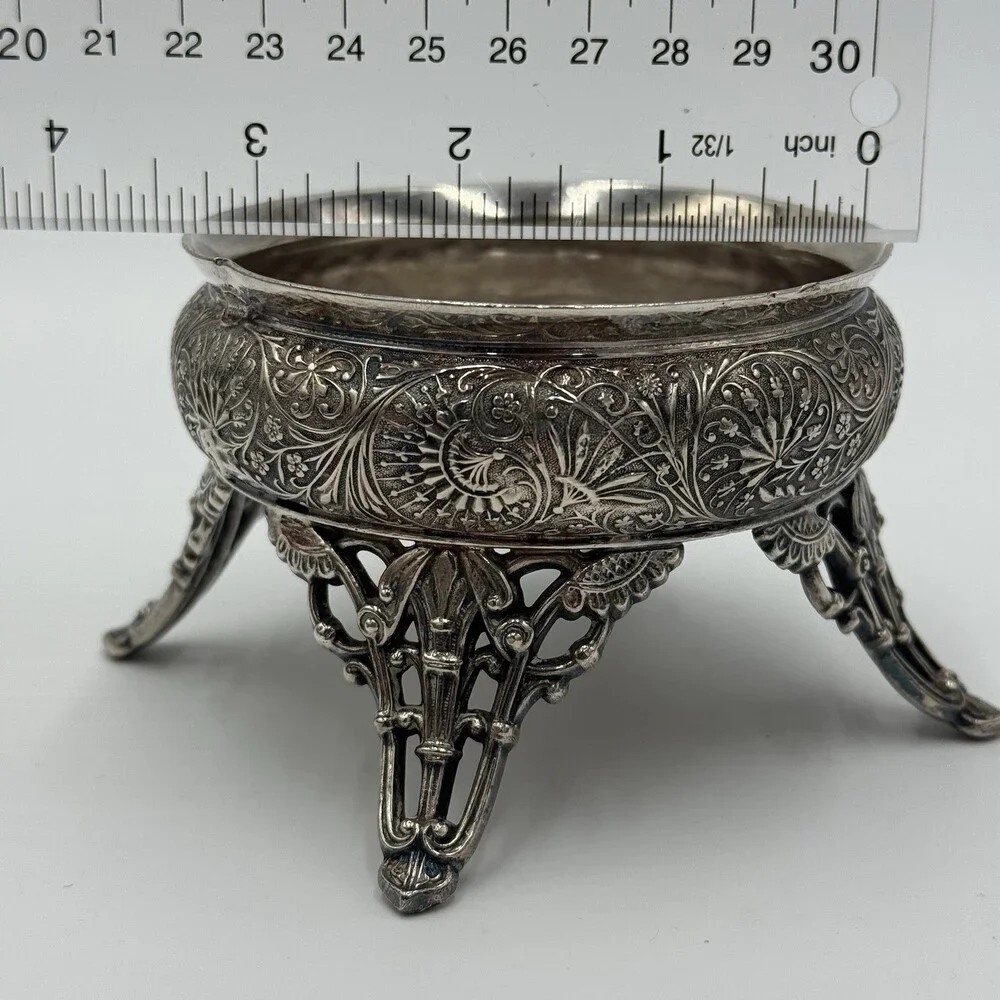 Antique Racine.SP. CO Silver Plate Salt Cellar Ornate Four Legs Rare 2.3”x 3.3”